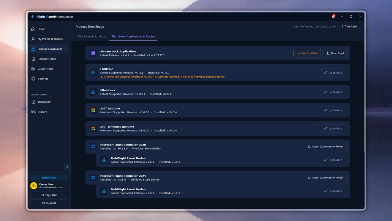 Companion App managing third-party flight sim plugins including FSUIPC7, PilotsDeck, .NET Runtime and the MobiFlight Event Module for MSFS.