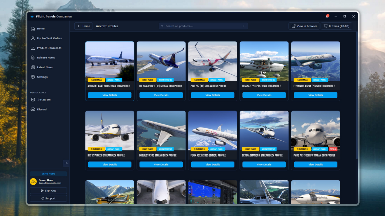 Integrated Store in the Flight Panels Companion App displaying Aircraft, Autopilot and AeroLens profile categories.