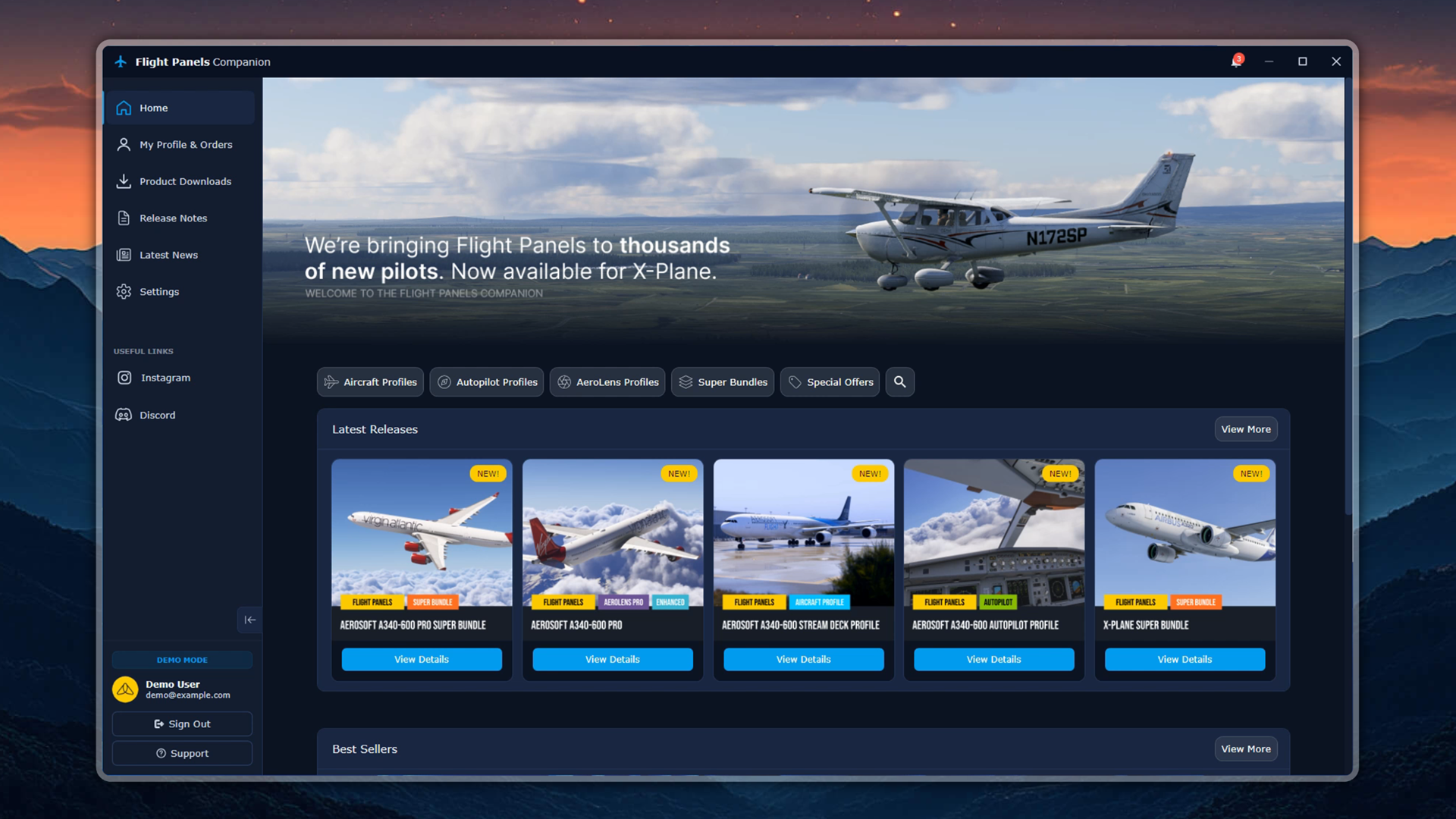 My Profile and Orders dashboard in the Flight Panels Companion App displaying membership stats, spend chart and order history.