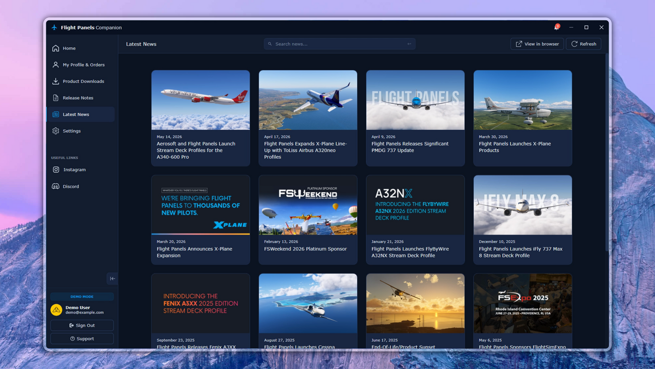 Flight Panels Companion App displaying recent updates and product release news in a grid layout, accessible the moment they go live.
