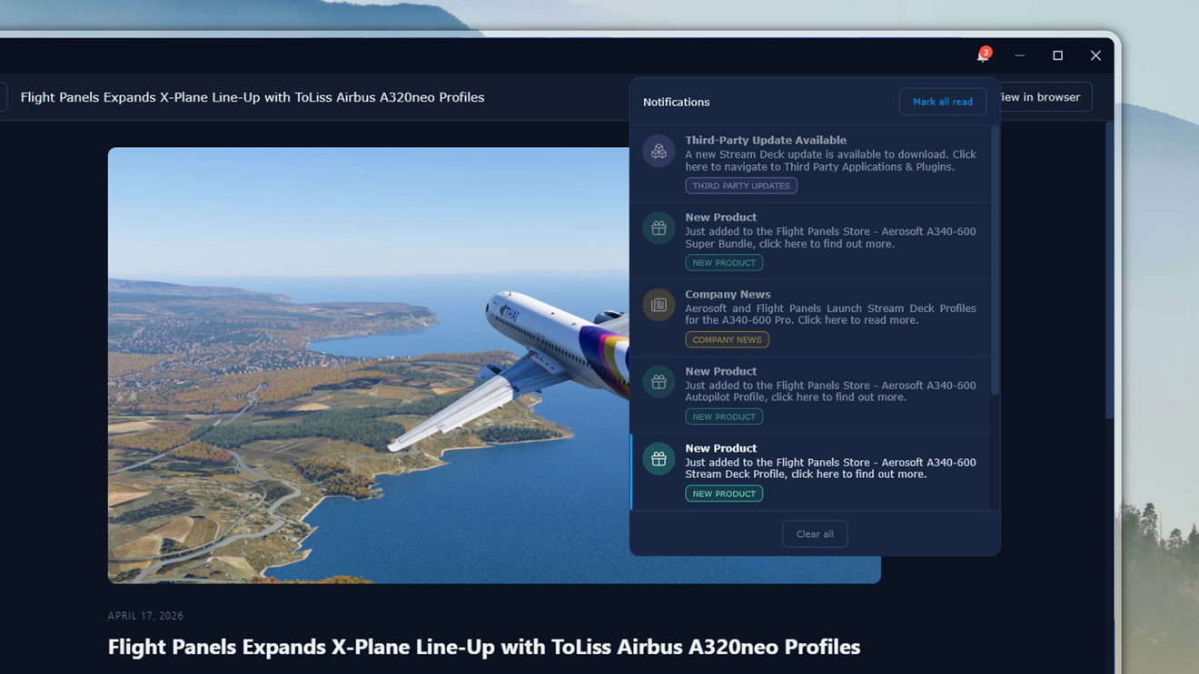 Companion App notifications showing alerts for Aerosoft A340-600 Pro launch, Stream Deck plugin updates and Flight Panels company news.