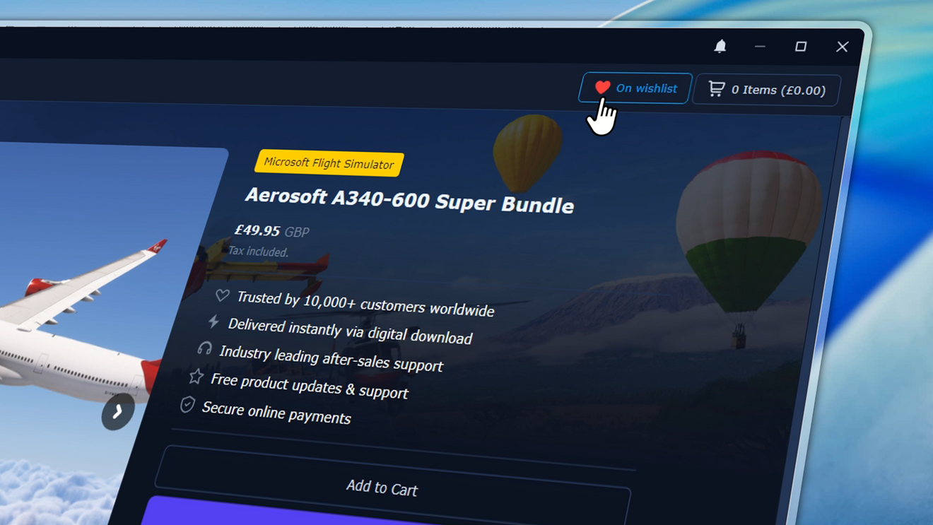 Wishlist feature in the Flight Panels Companion App with the Aerosoft A340-600 Super Bundle marked as saved for later purchase.
